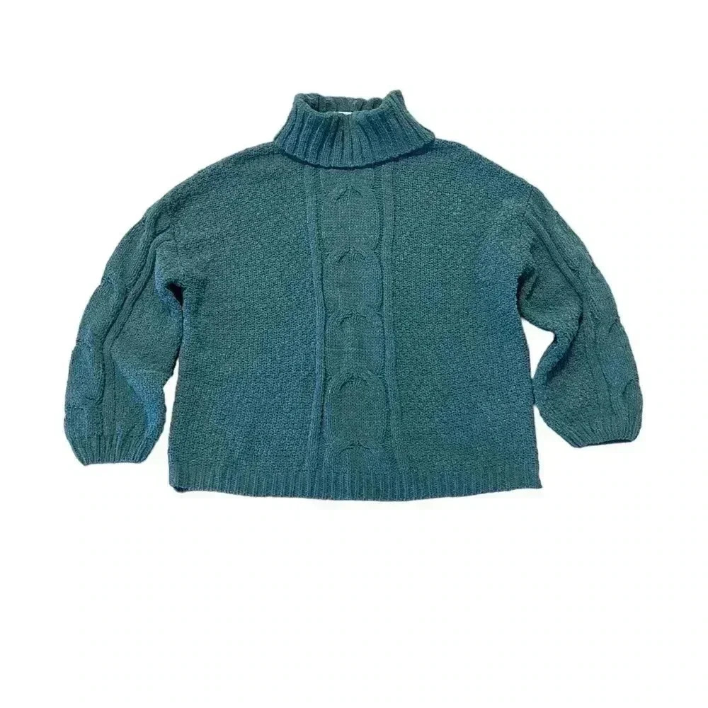 Seven7 Sweater Womens Size L Deep Teal Chenille Cable Knit Turtle Cowl‎ Neck